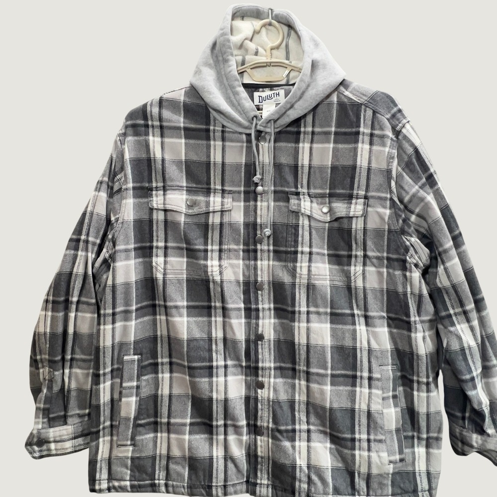 Duluth Trading Co Mens 4XL Plaid Hooded Flannel Shacket Lined Shirt Jacket Gray